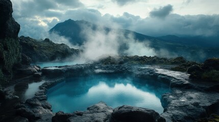 Obraz premium A serene geothermal pool surrounded by rocky terrain and misty mountains under a dramatic sky, perfect for relaxation and nature lovers.