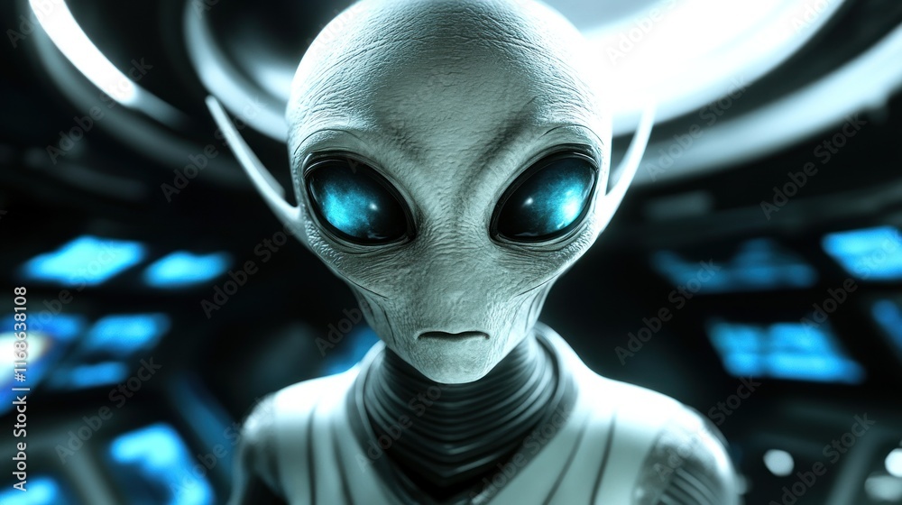 Aufkleber a close-up of a humanoid alien with large eyes in a futuristic setting.
