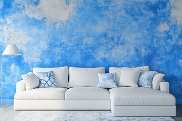 Modern Living Room with Blue Wall and Elegant White Sofa and Decorative Pillows