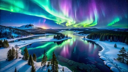 Aerial View of Aurora Borealis Reflecting on Crystal Clear Ice