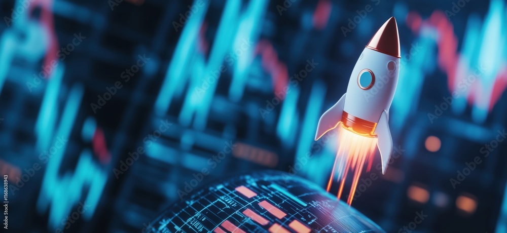 Poster rocket launching into space above digital globe with stock market graphs and data visualizations, co