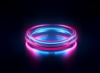 Glowing neon rings, pink and blue, create a vibrant, futuristic circular light display on a dark reflective surface.  The concentric circles suggest energy and dynamism.