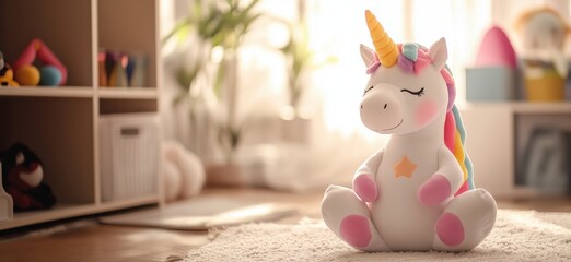 Colorful plush unicorn toy sitting on soft rug in bright room with natural light, surrounded by playful decor and vibrant colors, copy space for text