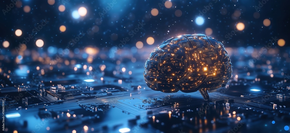 Poster artificial intelligence brain model on circuit board with glowing lights and bokeh effect, symbolizi