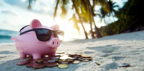 Pink piggy bank with sunglasses and coins on beach sand. Summer vacation savings content