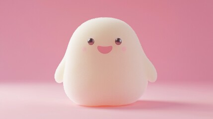 Cute, happy, chubby, cream-colored cartoon character on pink background.