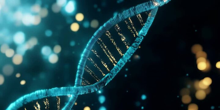Blue DNA molecule structure with code sequence and golden particles. Medical and scientific content