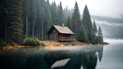 Fototapeta premium An Isolated Cabin by a Foggy Lake Surrounded by Misty Wilderness