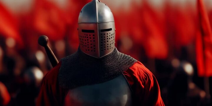Medieval knight in metal helmet and red cloak with sword