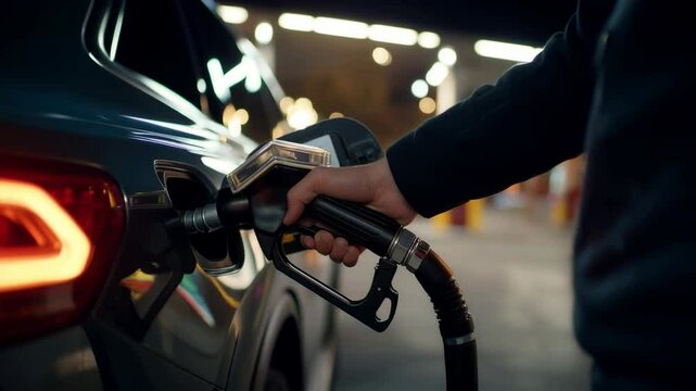 Hand holding fuel nozzle at gas station with neon lights. Transportation and energy content