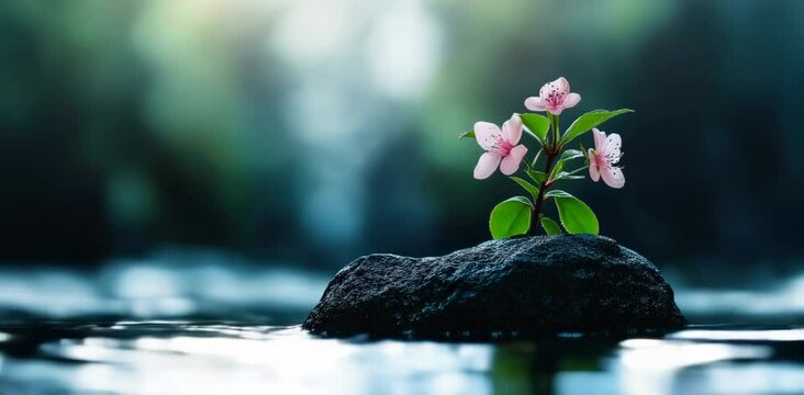 Pink flower growing on wet stone in water with bokeh background. Nature and wellness content