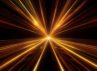 Obraz premium Golden light streaks radiate from a central point, creating a dynamic, abstract depiction of speed and energy. The dark background enhances the brilliance of the light trails.