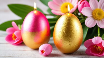 Obraz premium Vibrant easter eggs and flower arrangement with candles and bright blooms