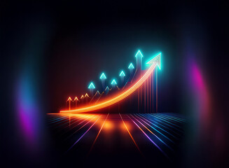 Naklejka premium Neon arrows ascend a glowing curve on a dark reflective surface, symbolizing growth and progress. The vibrant colors suggest energy and dynamism.