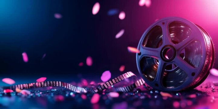 Film reel with pink and blue neon lights on dark surface. Cinema and entertainment content