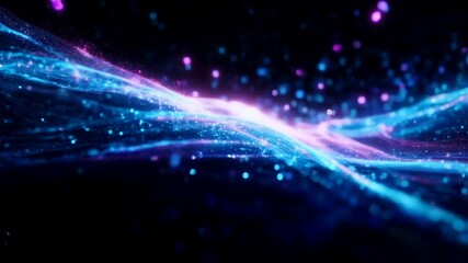 Blue and purple waves with glowing particles on dark background. Technology and data content