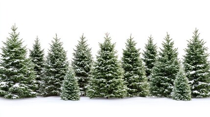 Row of snow-covered evergreen trees on white.