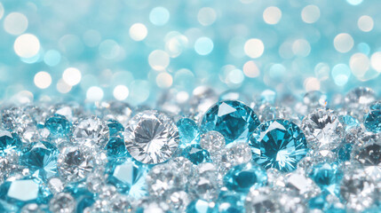 Sparkling blue and white gemstones on bokeh background.