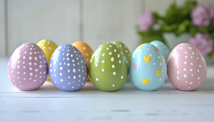 Fototapeta premium colorful easter eggs and chocolate eggs on white wooden table