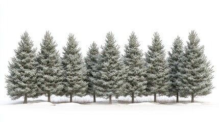 Fototapeta premium Row of snow-covered fir trees isolated on white.