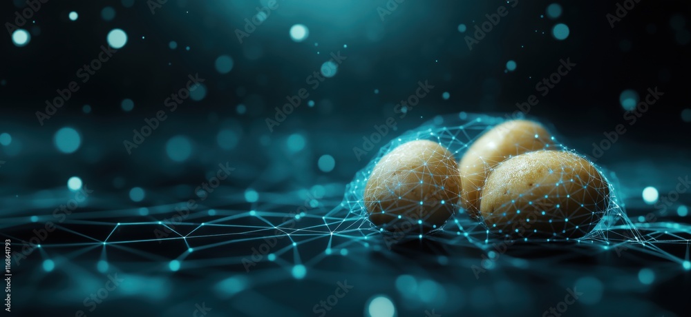 Poster digital representation of eggs encapsulated in a network of interconnected nodes, showcasing technol