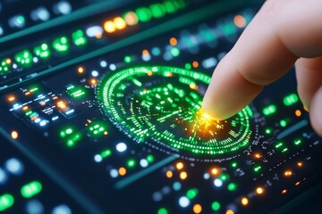 Obraz premium A close-up of a hand adjusting the dials on an amateur radio transceiver, with a glowing frequency display. Generative AI