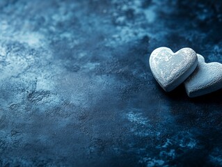 Two decorative hearts resting on a textured blue surface