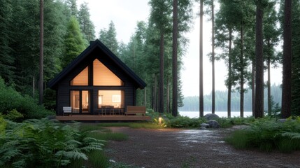 Cozy cabin surrounded by lush forest near a tranquil lake.
