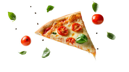 Pizza Slice with Tomatoes and Basil Isolated On A White Background, PNG Transparent