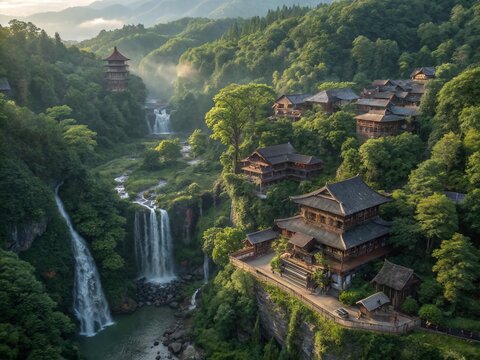 Aerial View of Hidden Leaf Village, Lush Forest Landscape, Japanese Architecture, Fantasy Setting
