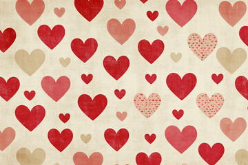 A retro pattern of polka dots and heart shapes in muted red and beige