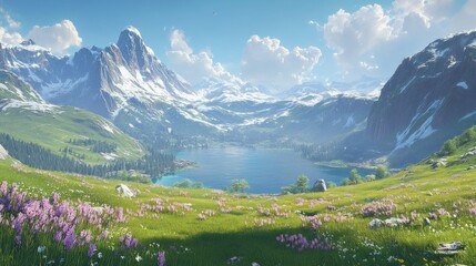 A stunning alpine landscape, green meadows sloping into a sparkling lake, framed by dramatic mountain ranges under a clear sky