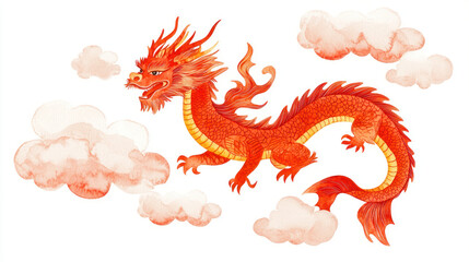 stylized red dragon soaring through fluffy clouds, embodying mythical power and grace