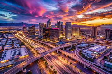 Aerial View of Las Vegas Traffic and Modern Buildings at Sunset, Purple Sky