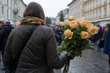 Woman Holding Bouquet of Yellow Roses in Bustling Urban Environment