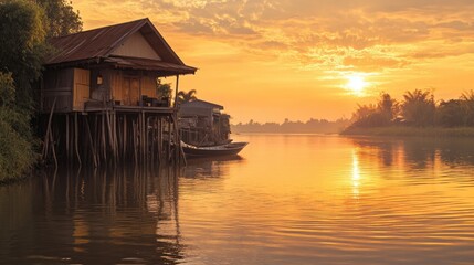 Fototapeta premium A traditional Thai stilt house by a calm river during sunset, with reflections of the orange sky shimmering on the water surface.