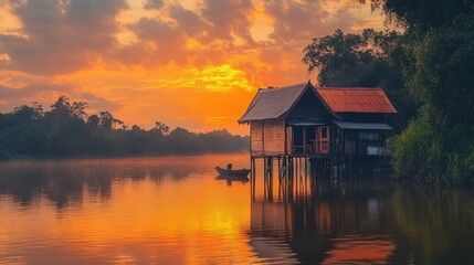 Fototapeta premium A traditional Thai stilt house by a calm river during sunset, with reflections of the orange sky shimmering on the water surface.