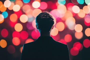 woman stands confidently against vibrant backdrop of colorful lights, creating captivating atmosphere