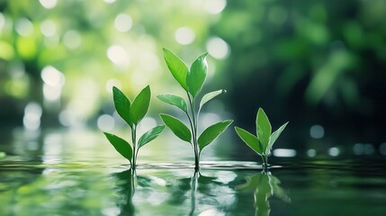 Fresh Green Shoots Emerging from Still Water in a Tranquil Natural Setting