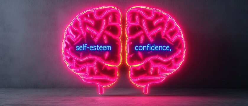 vibrant neon brain illustration representing self esteem and confidence, showcasing connection between mental health and positive emotions