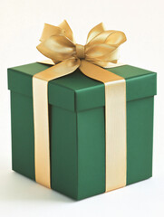 Green gift box with gold ribbon and bow. (1)