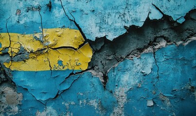 Obraz premium Cracked Wall with Remnants of Yellow and Blue Paint: A Symbol of Decay and Resilience