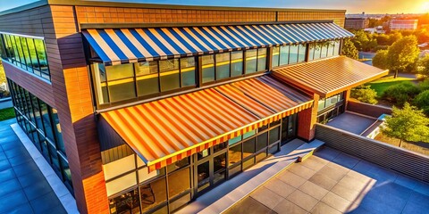Aerial View of Modern Building with Metal Awning - Architectural Detail