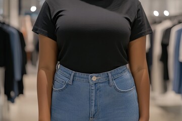 Casual Fashion Portrait of Woman in Black T-Shirt and High-Waisted Jeans