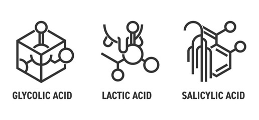 Fototapeta premium Glycolic, Lactic, Salicylic acid. Icons set in bold line
