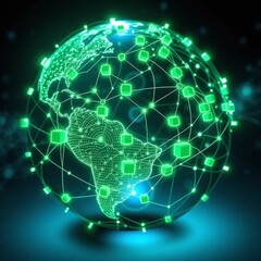 A captivating, 3D render of a glowing green globe, showcasing a complex network of interconnected nodes and lines