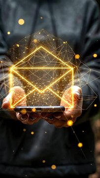 Hands holding smartphone with glowing email icon demonstrating digital communication and modern technology