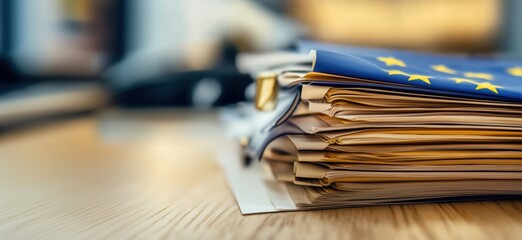 European Union documents stacked on wooden desk, showcasing official papers and folders with EU flag, symbolizing bureaucracy and governance, copy space for text