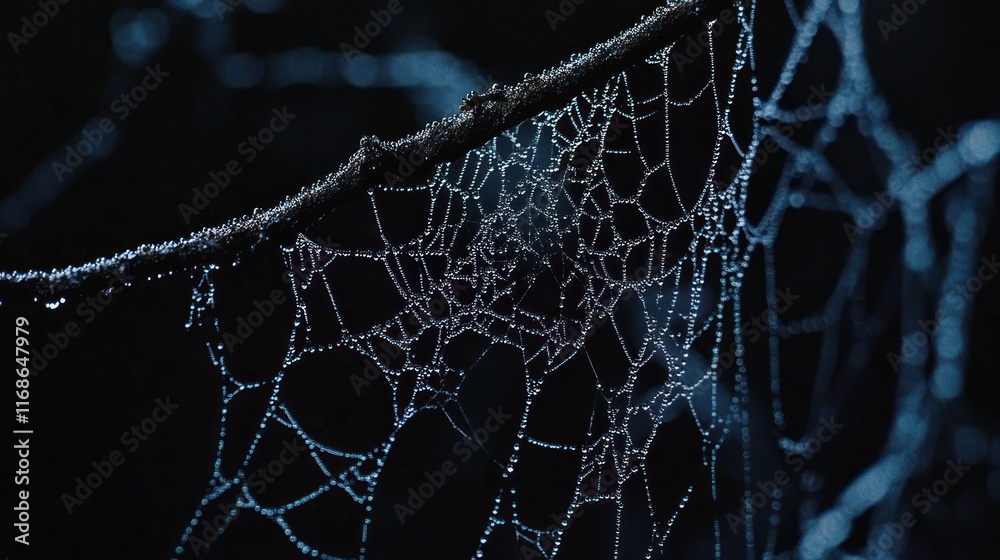 Aufkleber A close-up of a spider web adorned with dew droplets, illuminated in a dark setting.