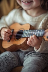 Fototapeta premium Child happily playing ukulele indoors wearing cozy sweater